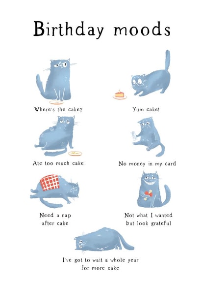 Birthday moods cat card created by Huxters