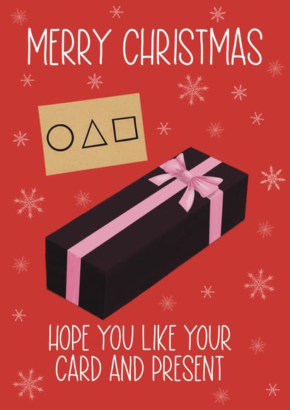 Squid Game Gift wrapped coffin Christmas Card created by Silky Rose Design