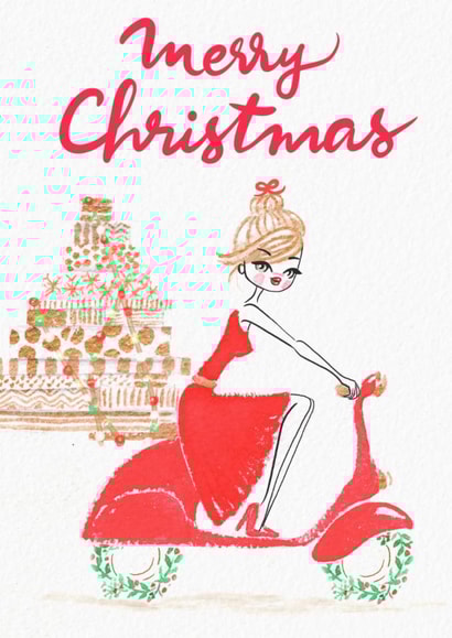 Cute & fun Merry Christmas card 4 a traveling sister, daughter, niece or friend created by Paula Romani Studio