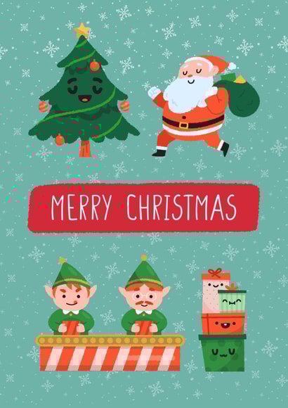 Cute elves, Santa, gifts, and xmas tree Christmas card created by RedNosedBadger