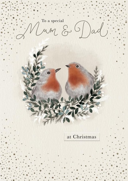 To A Special Mum and Dad At Christmas - To A Special Mum and Dad - Robins - Cute - Heartfelt - Pretty - Traditional - Christmas Card created by Sarah Hustwaite Illustration