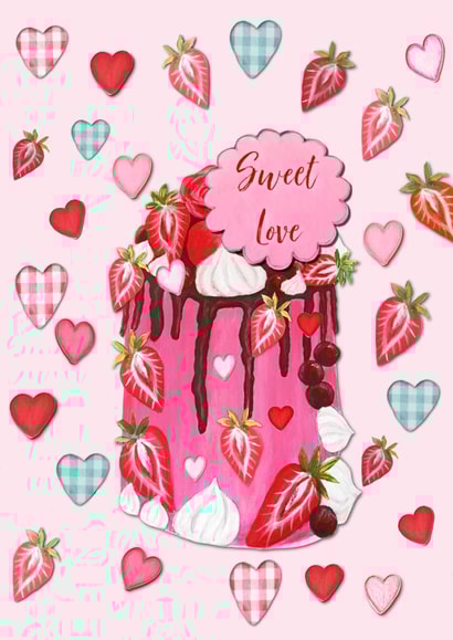 Valentines cake card with chocolate, strawberries and gingham hearts created by Magenta Rose Designs