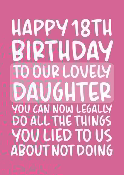 Happy 18th Birthday to our Lovely Daughter Funny Card From Parents created by Brogan Thomas