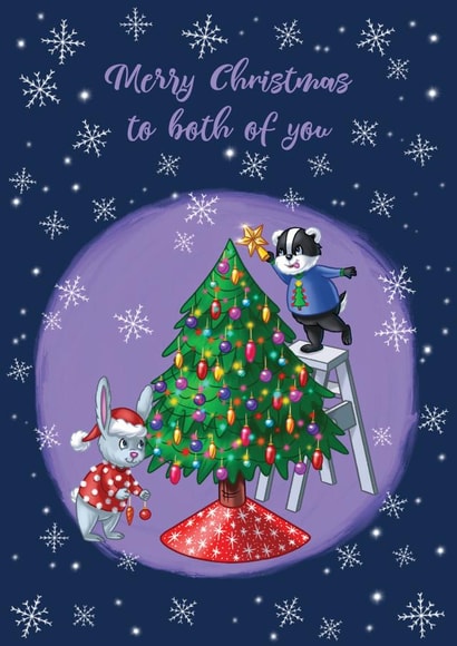 Merry Christmas to both of you tree decorating card created by Slinkeee Illustration