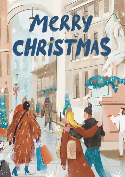 Colorful Merry Christmas Card With A Beautiful Snow-Covered City created by Sofita Ki