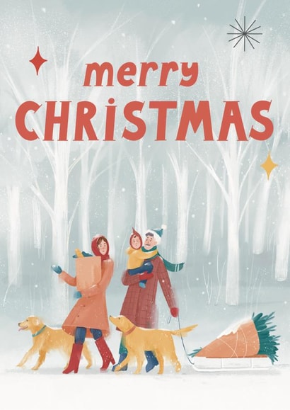 Traditional Christmas card with beautiful forest and happy family created by Sofita Ki