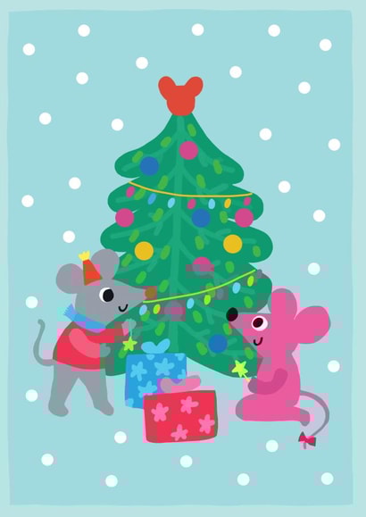 Cute mices around the Christmas tree with presents and gifts decorating created by @Doodle Bunny