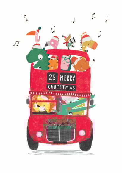 Children's animals on London bus Christmas card created by Stripey Paper