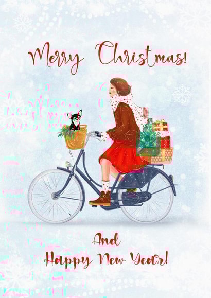 Girl with dog on bike on christmas card created by Svetlana Sadkova