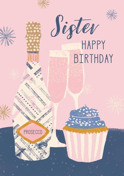 Sister prosecco and cupcake birthday card created by Rebecca Prinn
