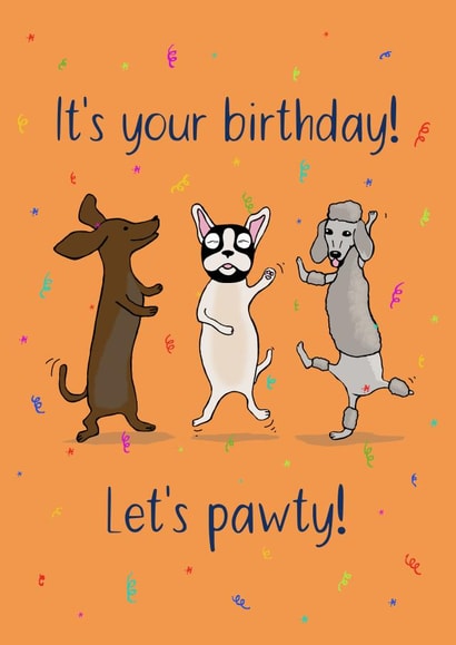 Dancing dogs birthday card - let's pawty! created by Maddy Bennett