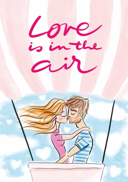Happy Anniversary card. Kissing couple in a hot air balloon in the sky. created by Paula Romani Studio