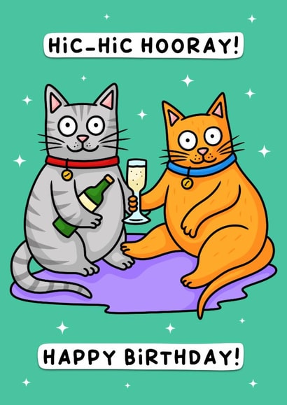 Hic-hic hooray! Cute boozy cat themed birthday card for cat fans everywhere! created by Wafflemamaart