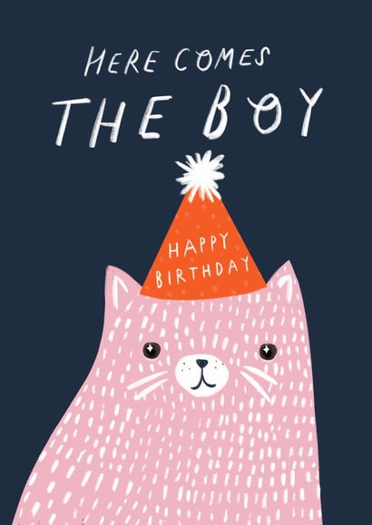 Funny Cat Birthday Card - Here Comes the Boy - Cute Pink Cat with Party Hat created by Holly Walsh