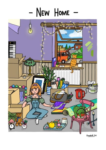 Modern Indie New Home Card - Cat - New Home created by Homebird Art