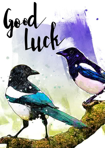 'Two for Joy' Good Luck Magpies card created by KittyWicks Illustration