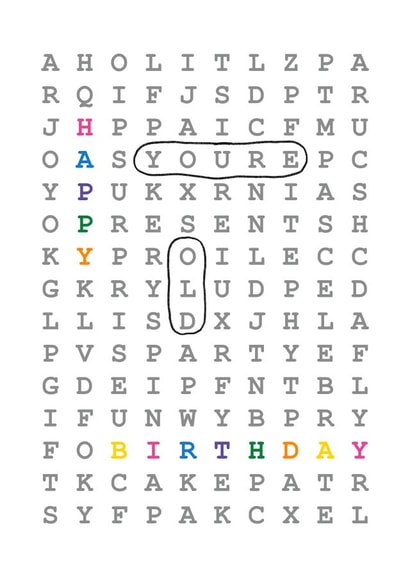 Word search birthday card - Happy Birthday, You're Old created by Naomi Johnson
