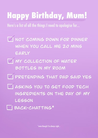 Funny Apologies to Mum Birthday Card created by Emma Cullingford