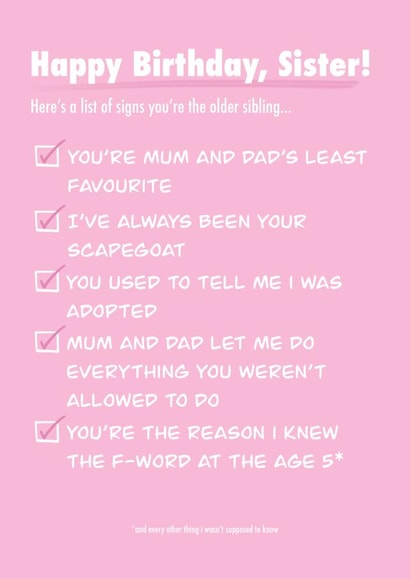 Signs You Are The Older Sister Birthday Card created by Emma Cullingford
