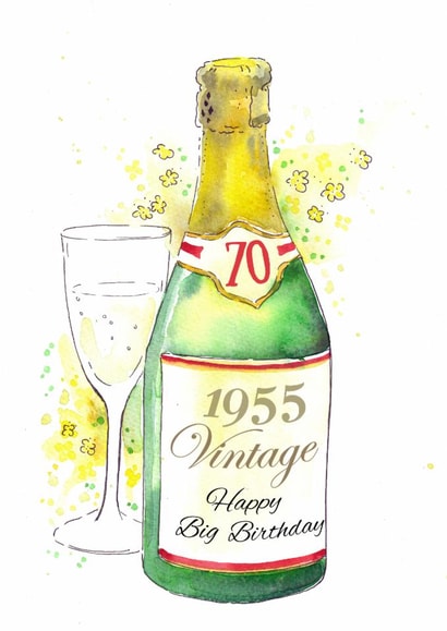 70th Birthday Champagne card - 2025. Born in 1955 created by Kate Garrett