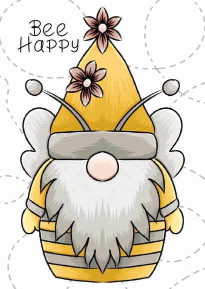 Send a smile with a whimsical hand drawn gnome - Bee Happy - Bumble bee created by Bonny Shatwell