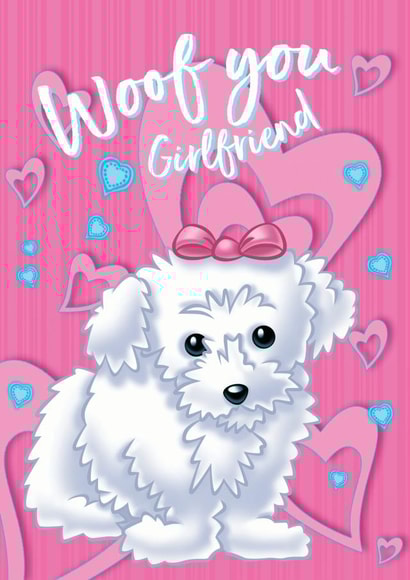 Woof You Girlfriend cute puppy Valentine's Day card created by Slinkeee Illustration