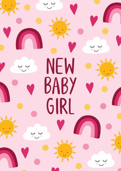 Cute New Baby Card – New Baby Girl – Sun, Rainbows and Clouds created by Chloe  Tyler