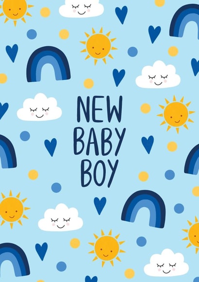 Cute New Baby Card – New Baby Boy – Sun, Rainbows and Clouds created by Chloe  Tyler