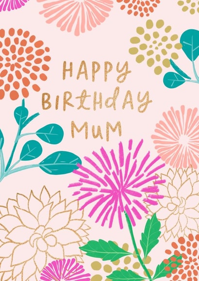 Happy Birthday glitter effect Mum floral card created by patternmuse