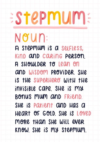 Heartfelt Mothers Day Card - Step Mum - Definition - A Stepmum Is A Selfless Kind And Caring Person created by Joanne Hawker