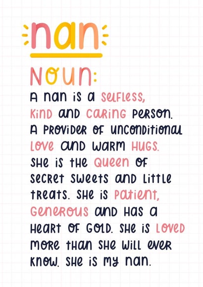 Heartfelt Mothers Day Card - Nan - Noun - A Nan Is A Selfless Kind And Caring Person created by Joanne Hawker