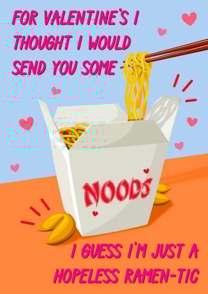 Funny Valentines Day Card - Noodles - Pun - I Thought I Would Send You Some Noods created by The Girl Next Draw Cards