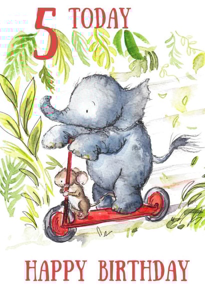 Scooting elephant 5th birthday card created by Kate Garrett