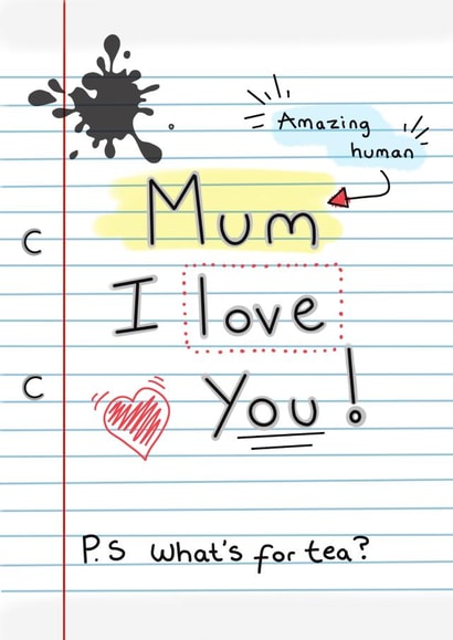 Funny Mothers Day Card - Mum - Mum I Love You P.S What's For Tea? created by Maria Joanne Designs