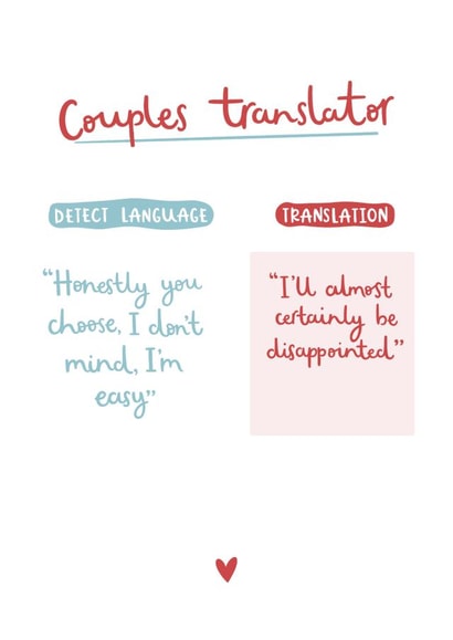 Funny couples disappointed translator card written by Very British Problems, illustrated by Abbie Imagine created by Very British Problems