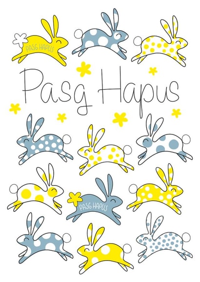 Pasg Hapus Bunnies Welsh Easter card created by Leah Roberts