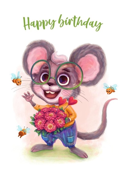 Cute Happy Birthday Card - cartoon created by Atmosferna