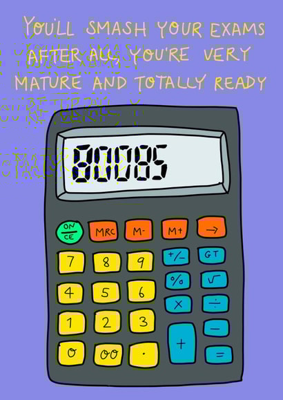 Good Luck Exam card- Calculator BOOBS! created by Rosie Johnson Illustrates