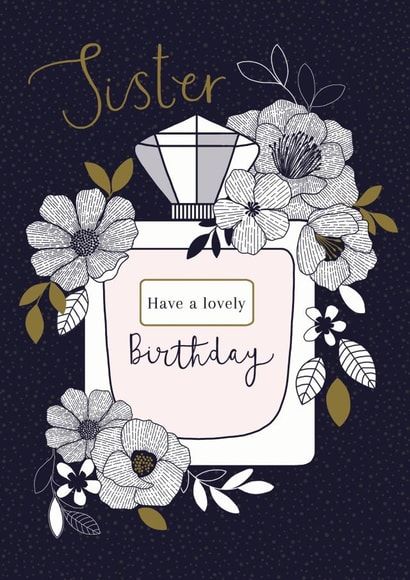 Sister floral perfume bottle Birthday card created by Sarah Hustwaite Illustration