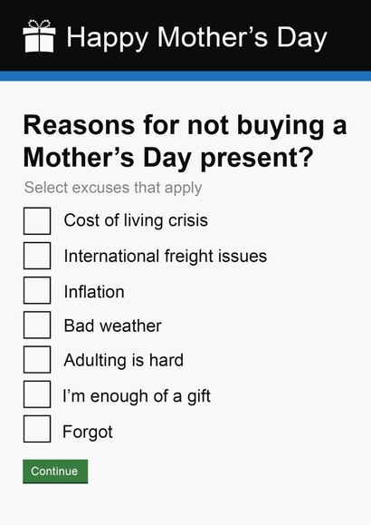 Funny Mother's Day Card | Cheeky | Government Gateway Present Excuses Card created by Pottsy Prints