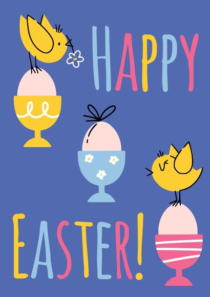 Cute Easter greeting card with little chickens on colored egg cups created by Nastea Fedorenko