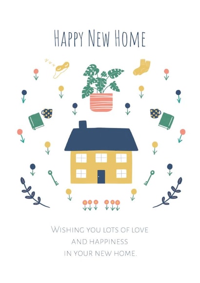 Pretty New Home Card - House - Plant - Happy New Home Wishing You Lots Of Love And Happiness In Your New Home created by Strawberry Mint
