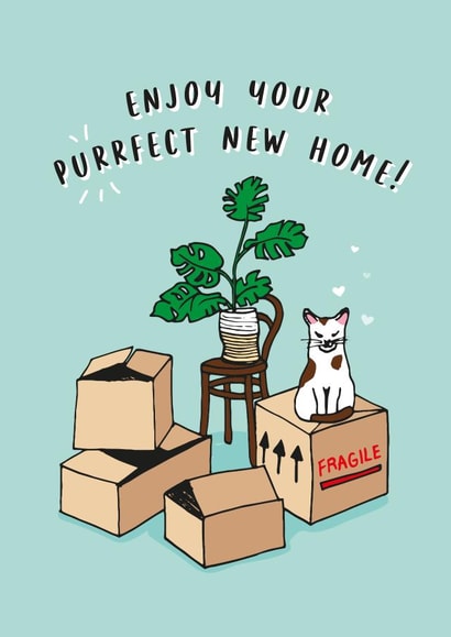Cute Cat Pun New Home Card - Cat - Cheese Plant - Enjoy Your Purrfect New Home! created by Lucy Marie Design