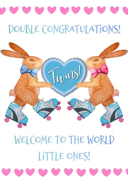 Twin baby birth congratulations card for boy and girl twins created by Magenta Rose Designs