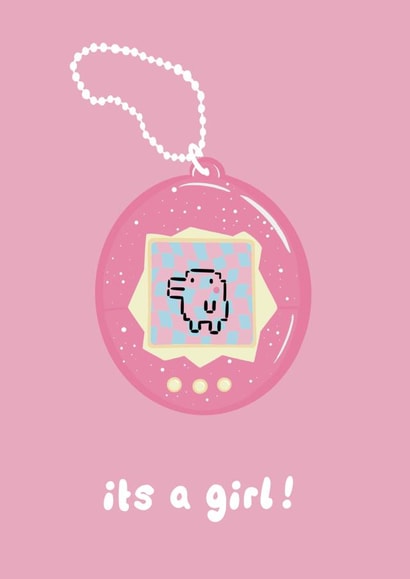 Funny Retro 90s-inspired Tamagotchi New Baby Girl Greeting Card created by Lucy Maggie Designs