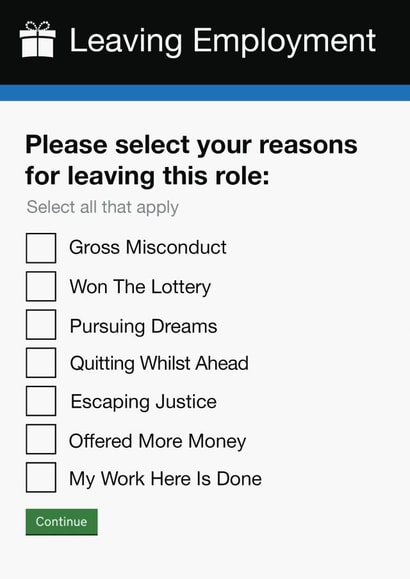 Funny | Leaving Employment Card | Gov Government Gateway Form created by Pottsy Prints
