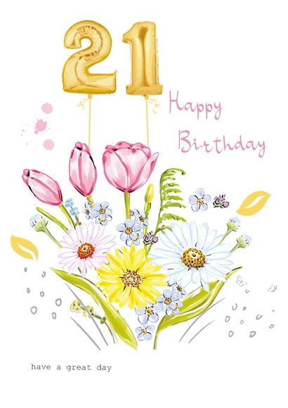 21 Floral bouquet with number balloons birthday card 1001 created by SABIVO Design by Sabina