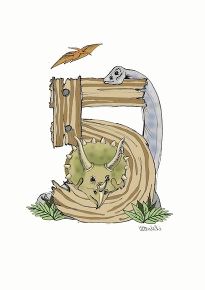 Happy 5th Birthday Dinosaur card created by Helen Leslie Illustrator