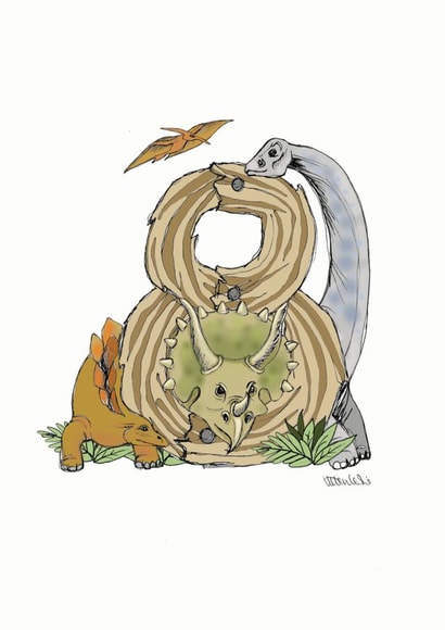 Happy 8th Birthday Dinosaur card 1001 created by Helen Leslie Illustrator