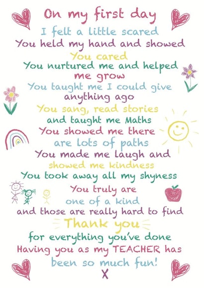 Heartfelt Poem Thank You Card - Teacher - Rainbows & Hearts - On My First Day I Felt A Little Scared You Held My Hand And Showed You Cared created by Rosie bees craft box